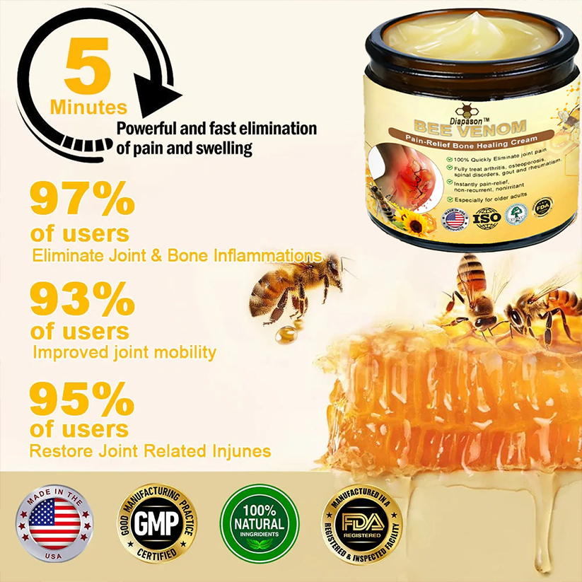 The Best Natural Pain Relief Cream of 2024: Diapason™ Bee-Venom Pain-Relief Bone Healing Cream👨⚕️American Osteopathic Association (AOA) Approved (Reducing joint swelling, pain, stiffness, redness, warmth, soreness, and joint fatigue)